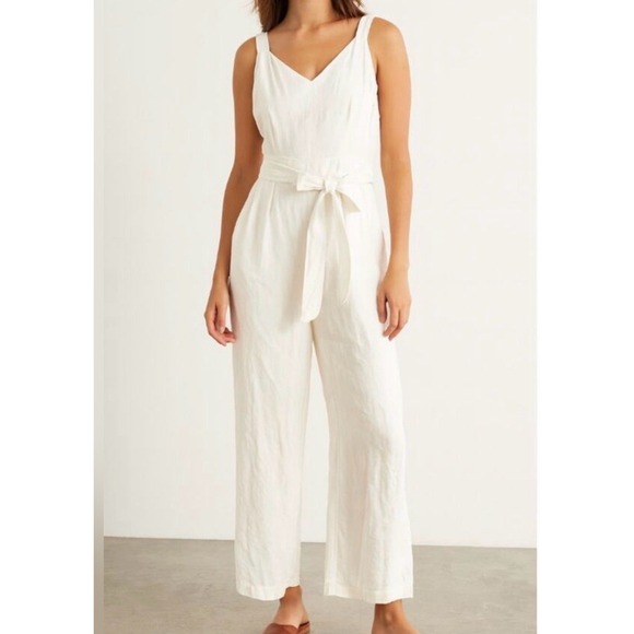 LOFT Pants - LOFT Womens 8 White Linen Blend Wide Leg Cropped Jumpsuit Romper Tie Waist